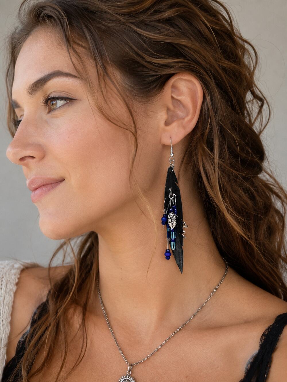Handmade Recycled Bike Tube Feather Earrings Blue Beaded Statement Dangle